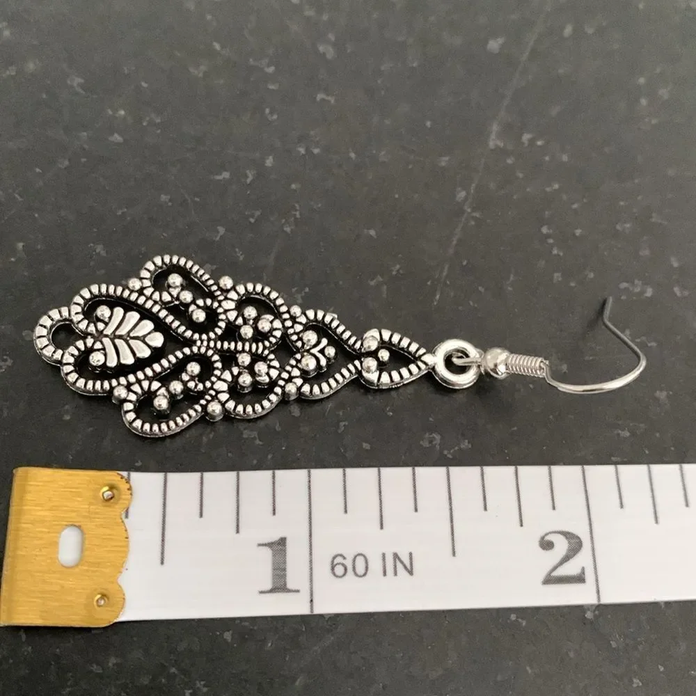 Silver Filigree Chandelier Scroll Earrings -  2” Long Drop in Silver Tone